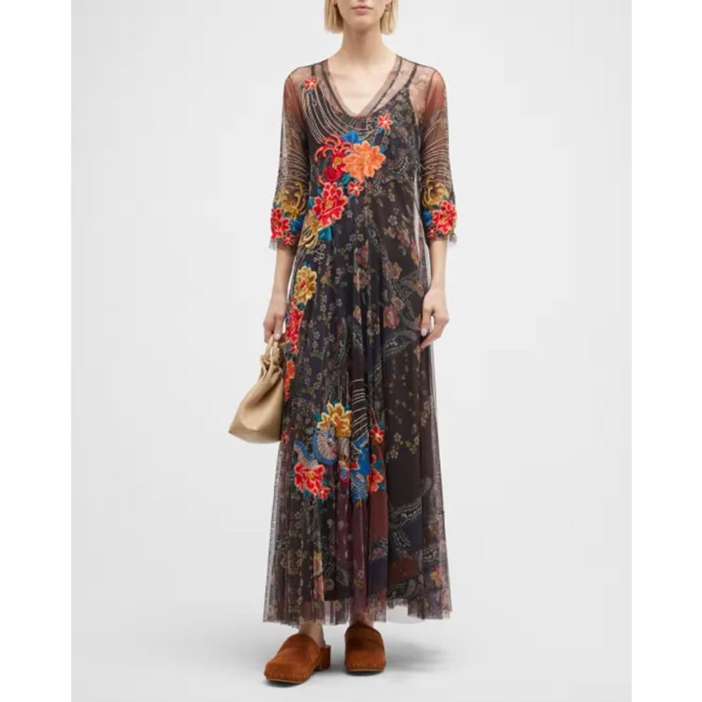 Johnny Was Biya Kyler Embroidered Mesh Maxi Dress Floral Brown Red Orange S